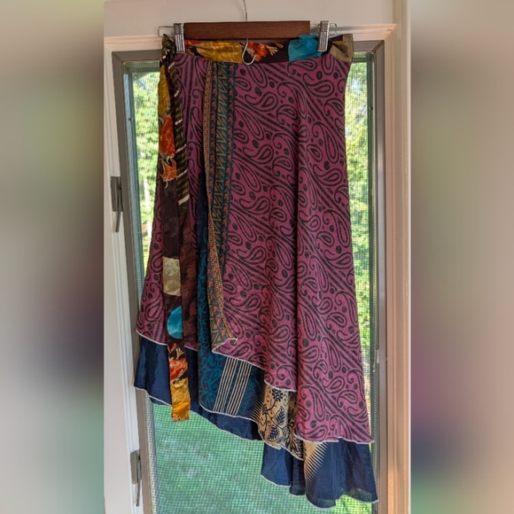 Asymetric Ankle Length Reversible Sari Silk Wrap Skirt Size 4-12 Multicolor - Picture 4 of 7